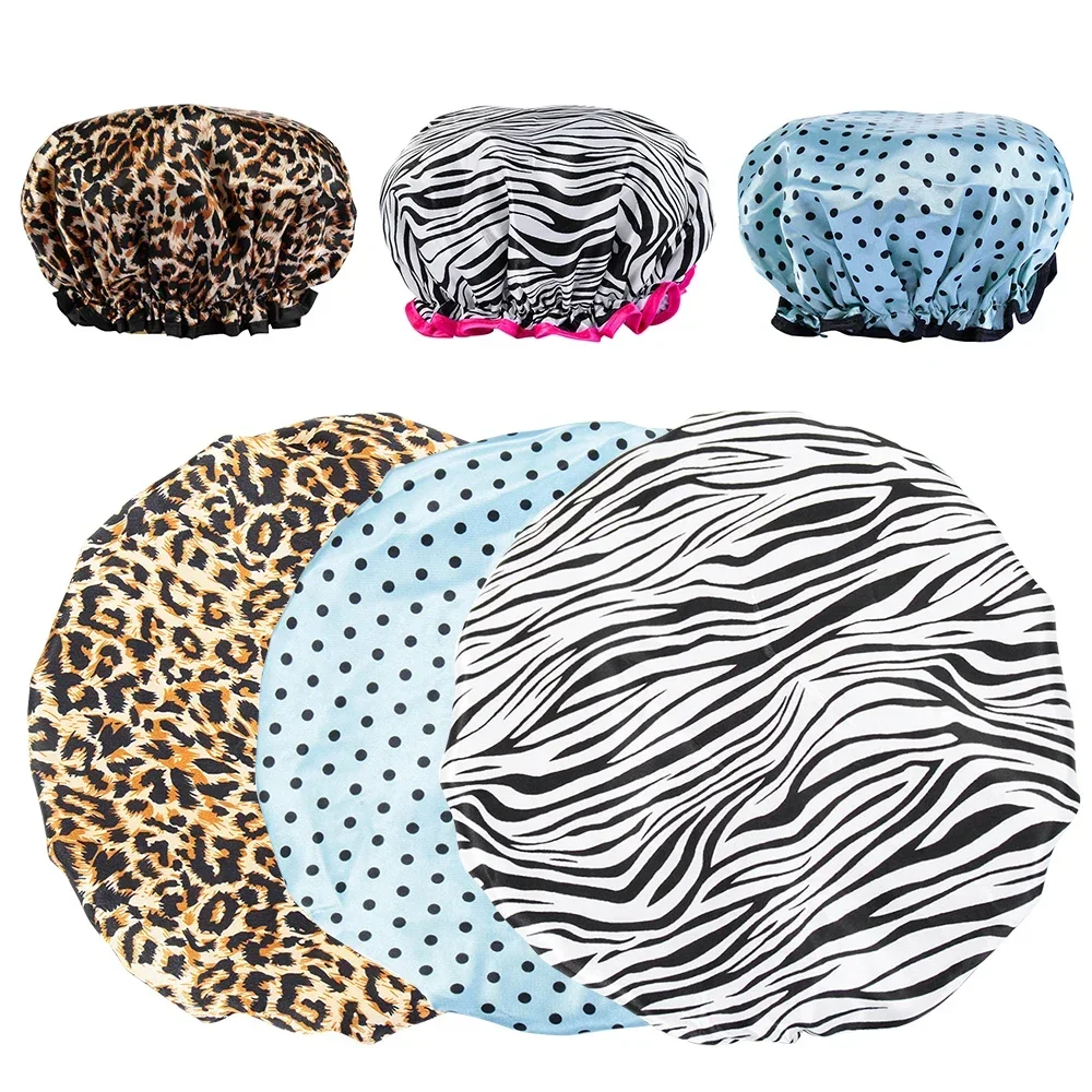 1Pc Shower Caps women towel Thick  Double Layer Leopard Printing Waterproof Bath Hat Shower Hair Cover Shower Caps Bathroom