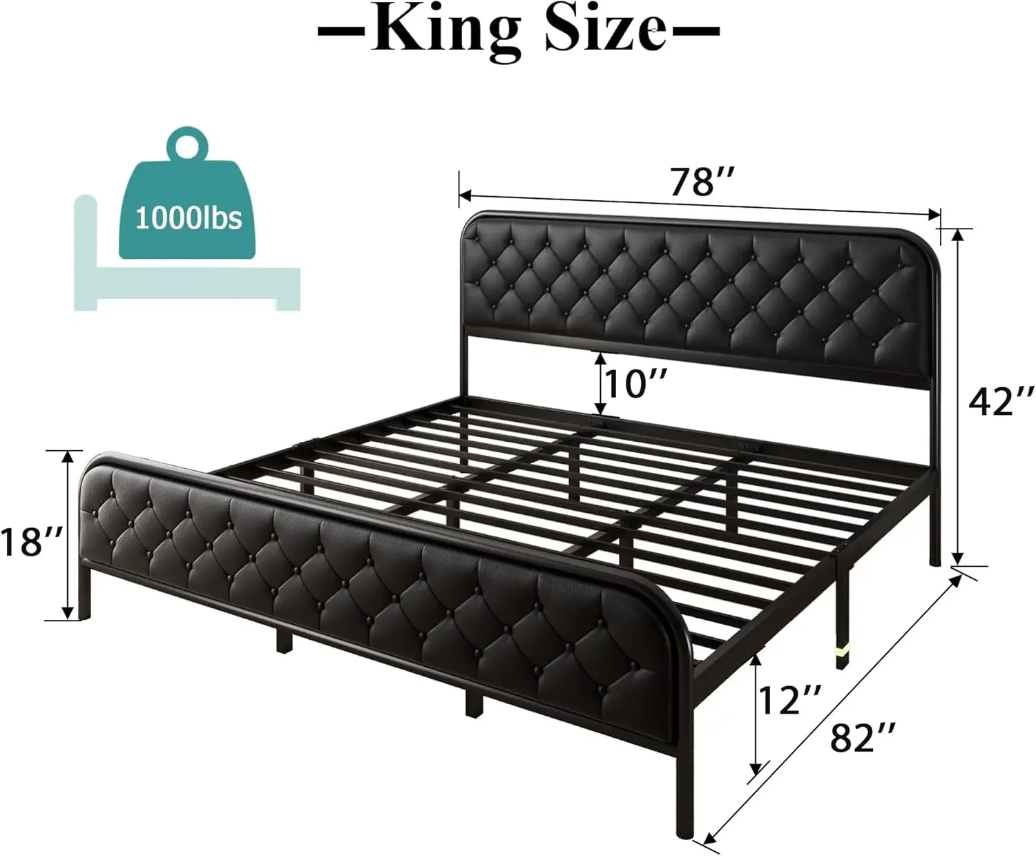 Upholstered King Platform Bed Frame, Heavy Duty Mattress Foundation, 12