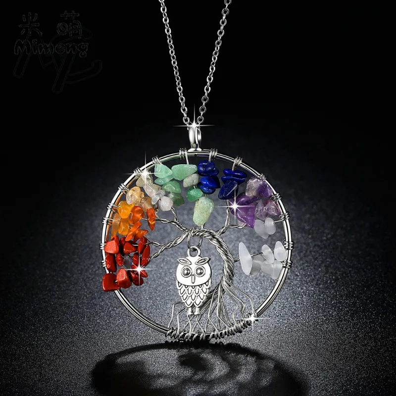 

Wholesale 7 Chakra Crystal Pendant Necklace Natural Yoga Tree Life Owl Healing Quartz Stone Jewelry Women Gift + Leather Chain