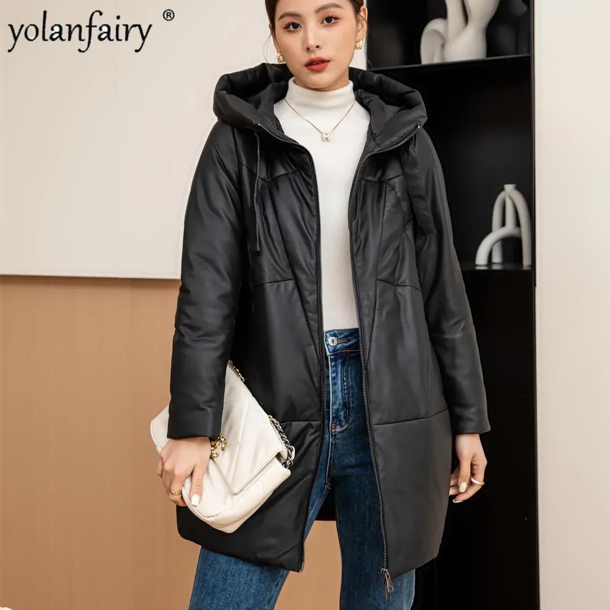 YOLANFAIRY سترة نسائية من الجلد الطبيعي معطف شتوي من جلد الغنم للنساء متوسطة الراقية سترات سميكة كبيرة الحجم ملابس الخريف