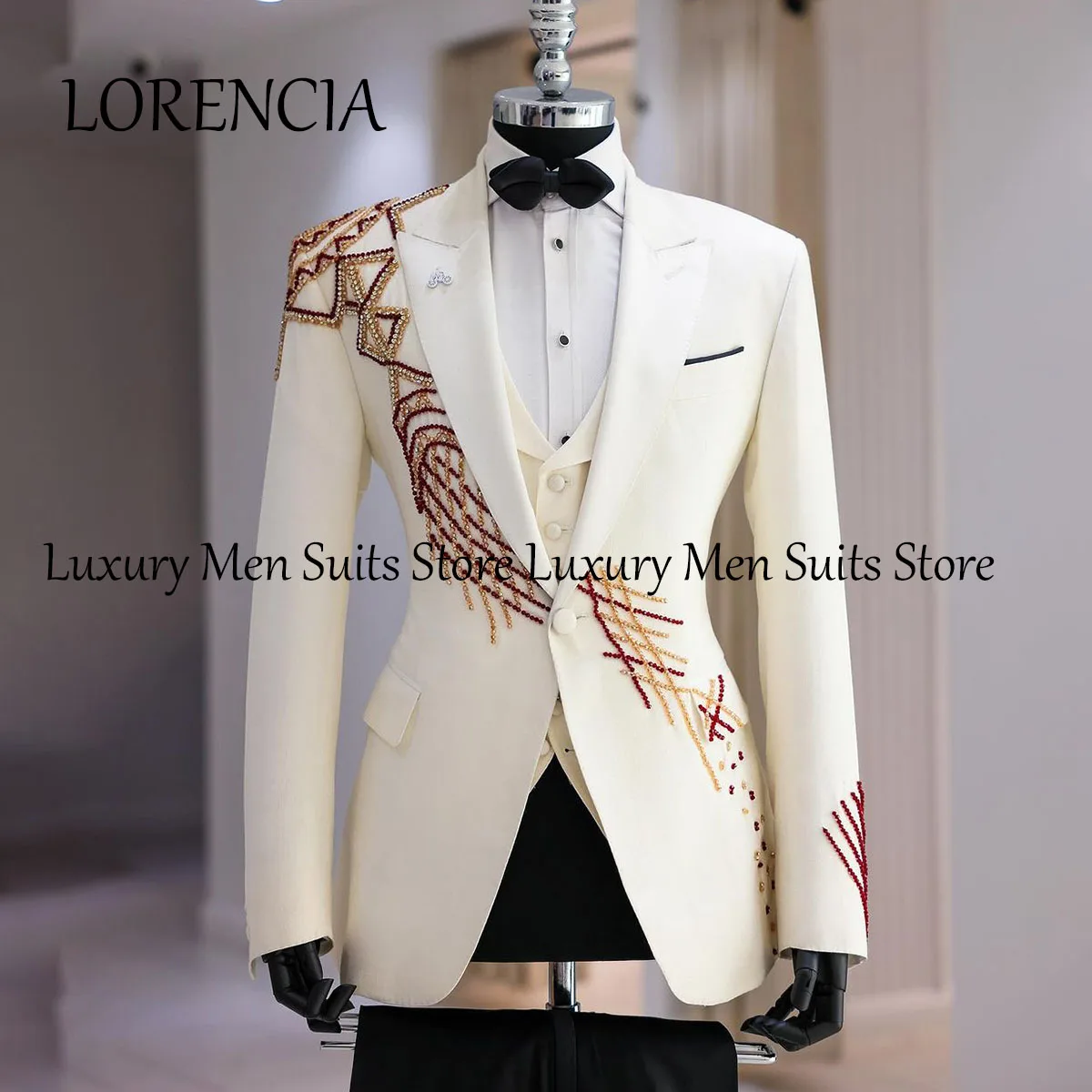 Customized Crystals Men Suits Peaked Lapel Wedding Groom Tuxedos 2 Pieces Sets Male Party Prom Blazer Slim Costume Homme