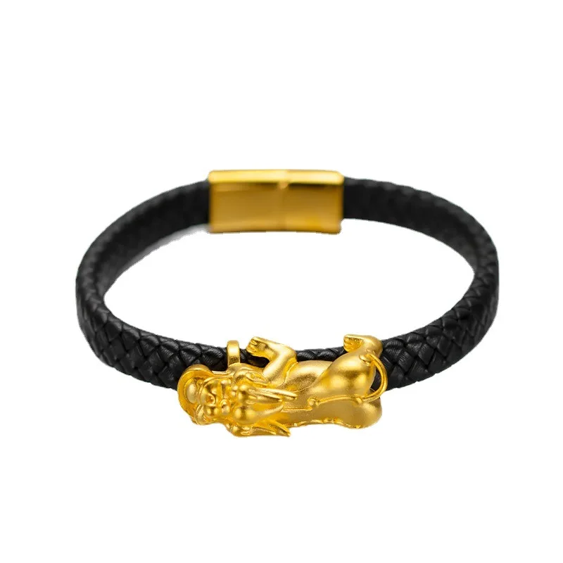 KISS&FLOWER BR281 Fine Jewelry Wholesale Fashion ManFather Birthday Wedding Gift PIXIU Fortune 24KT Gold Leather Bracelet Bangle