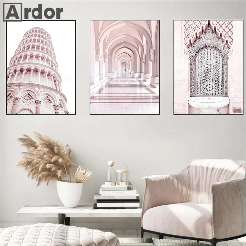 Pink Paris Tower Rose Flowers Motorbike Islamic Architecture Wall Art Canvas Painting Nordic Poster And Print Picture Home Decor