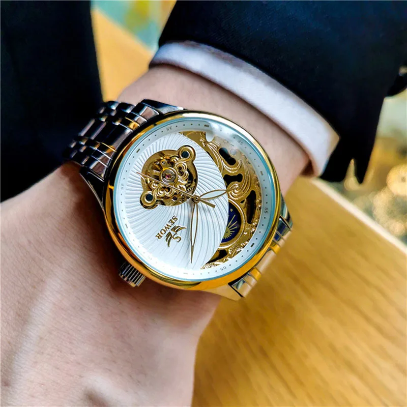 2023 New SEWOR Watch Men Gold Tourbillon Watches Men Moon Phase Automatic Self-Wind Mechanical Wristwatches Men Reloj Hombre