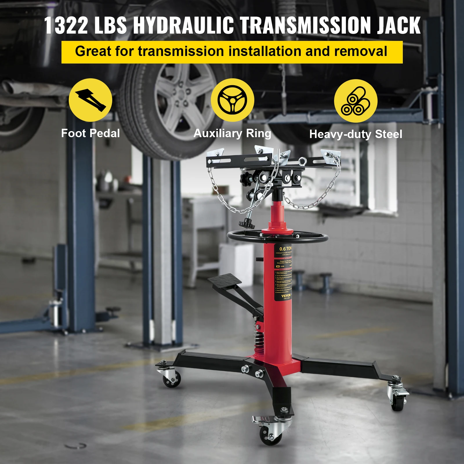 VEVOR 3/5 Ton/1322 lbs Capacity Hydraulic Telescopic Transmission Jack with Foot Pedal 360° Swivel Wheel Garage/Shop Lift Hoist