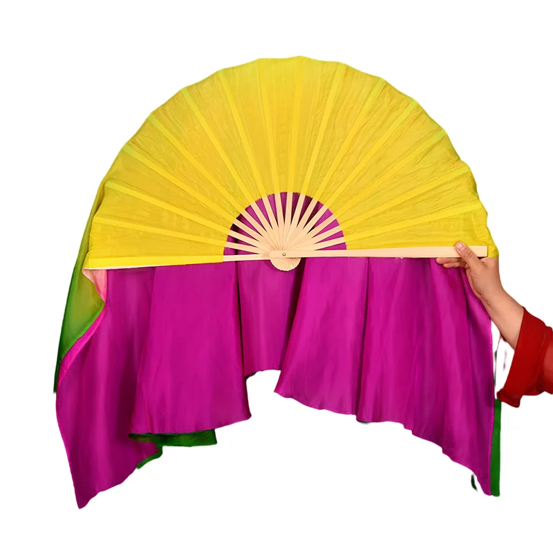 1 Pair Real Silk Belly Dance Fan Two Layers Composite Color Chinese Folk Dance Fan Wholesale Handmade Art Worship Fan