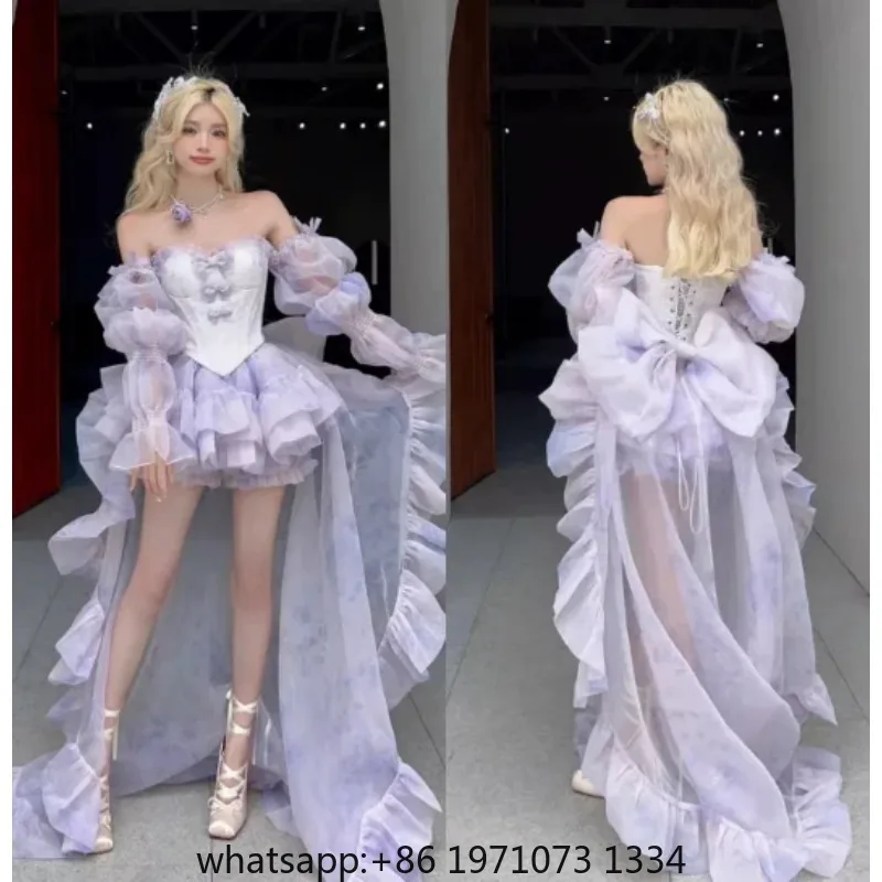 Heavy Industry Elegant Girl's Princess Dress Summer New Sweet Cute Bow Strapless Lace Ball Gown Dresses Slim Mini Sexy Dress
