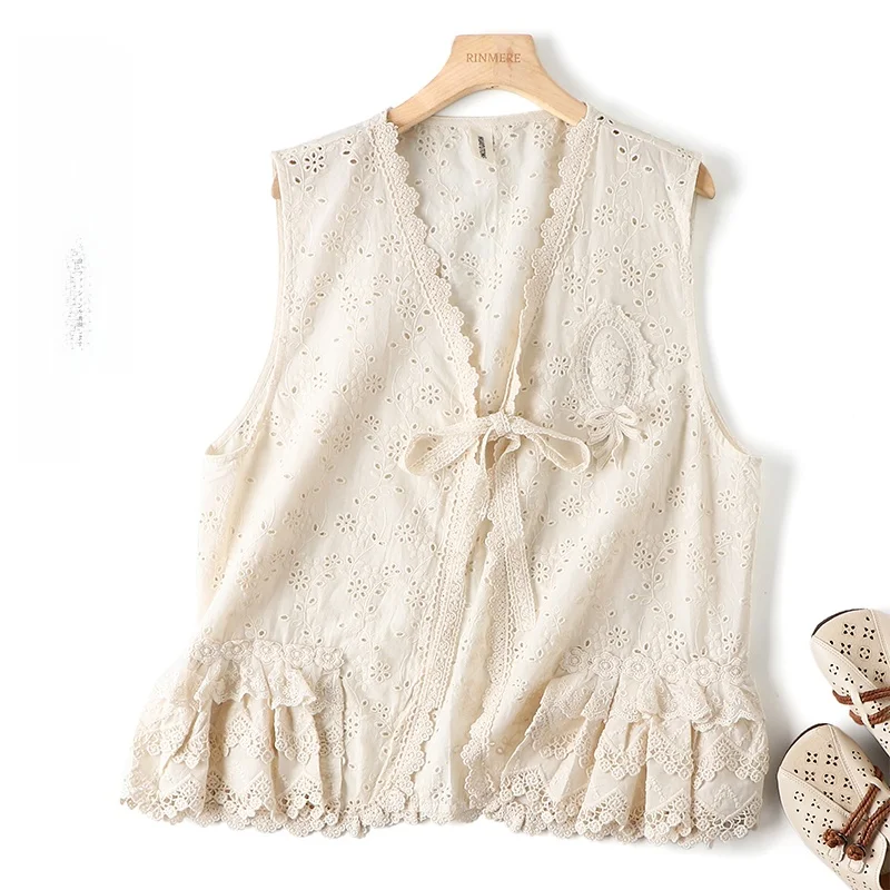

Summer New Pure Cotton Embroidered V-ne Vest Belted Multi-layered Hem Retro Layering oulder Pad Sweet Sle Faionable