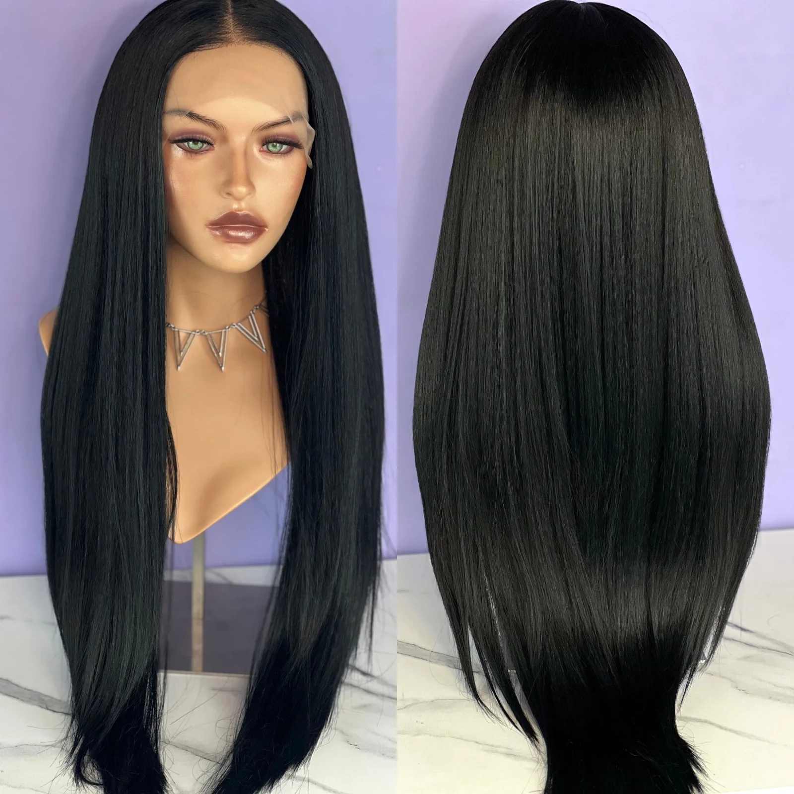 Perruque Lace Front Wig synthétique longue et lisse, couleur vert foncé, 13 tage, perruque en fibre thermique pour femmes