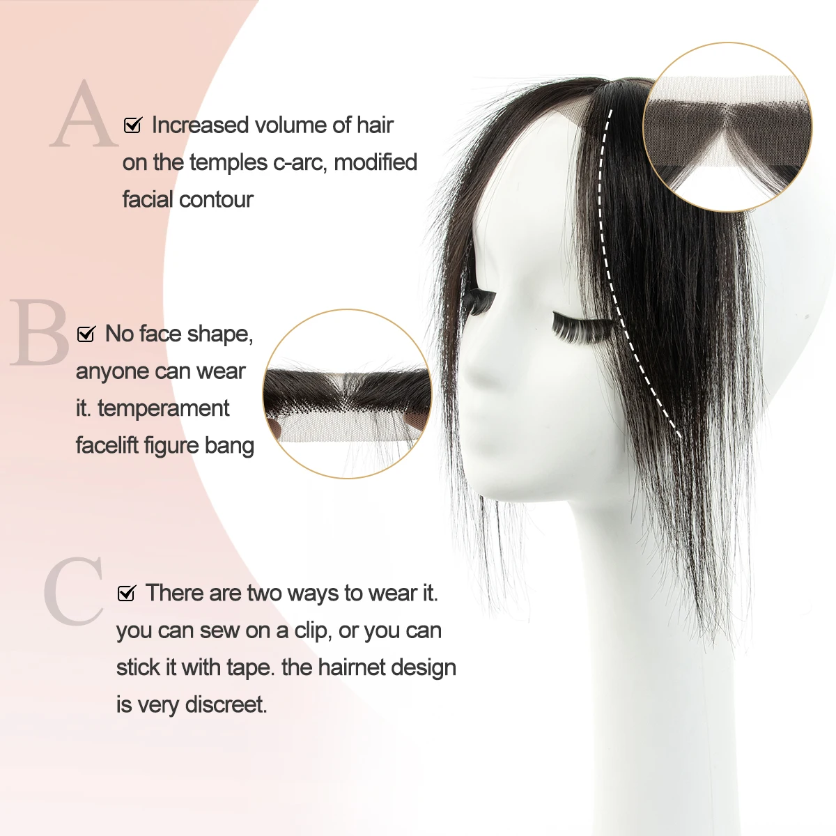 Invisible Breathable Smooth Bangs Lace Base Human Hair Air Bangs Human Hair Sided Bangs Real Hairpiece for Women Daily Use