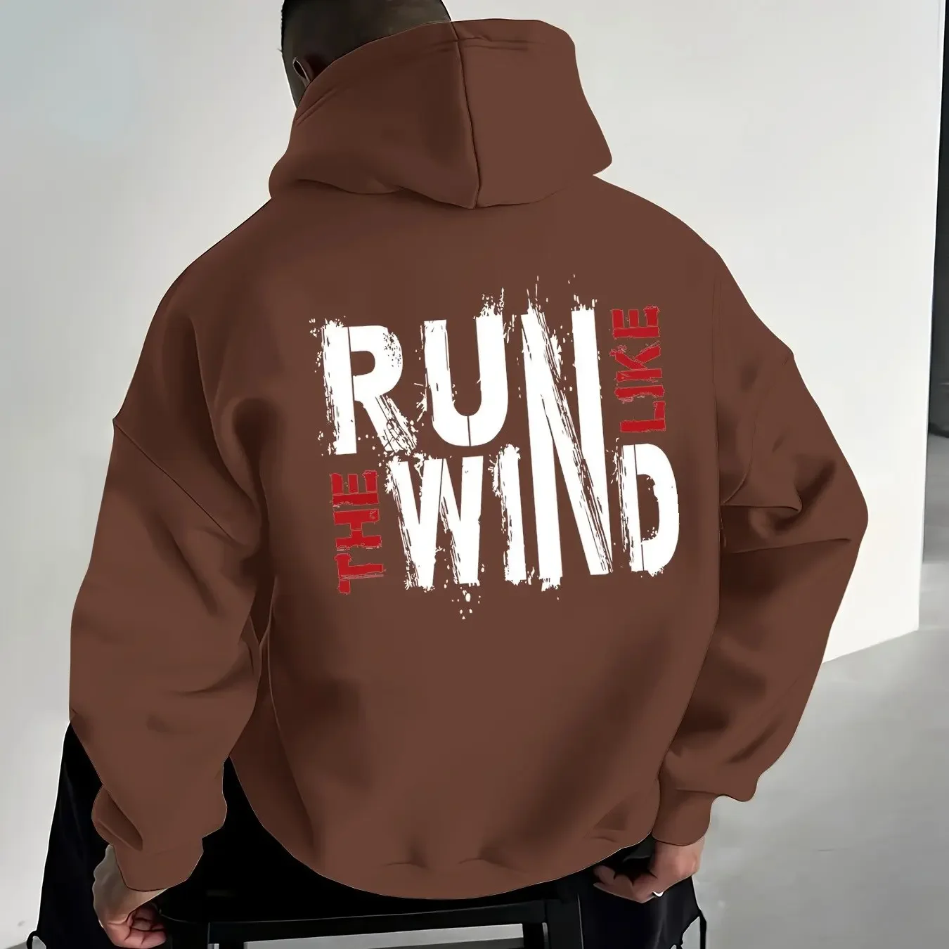Run Like The Wind Distressed Letter Print Hoodie Men Casual Loose Long Sleeve Streetwear Back Graphic Pullover Sweatshirt