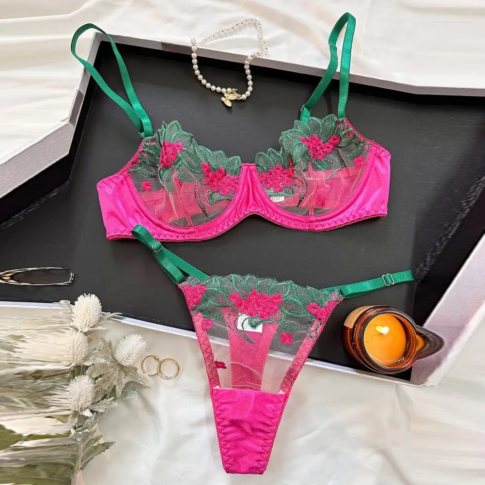 Hollow Out Bra Underpants Set Floral Embroidery Lace Underwear Set Adjustable Strap Contrast Color Back Closure 2 for Women image 4