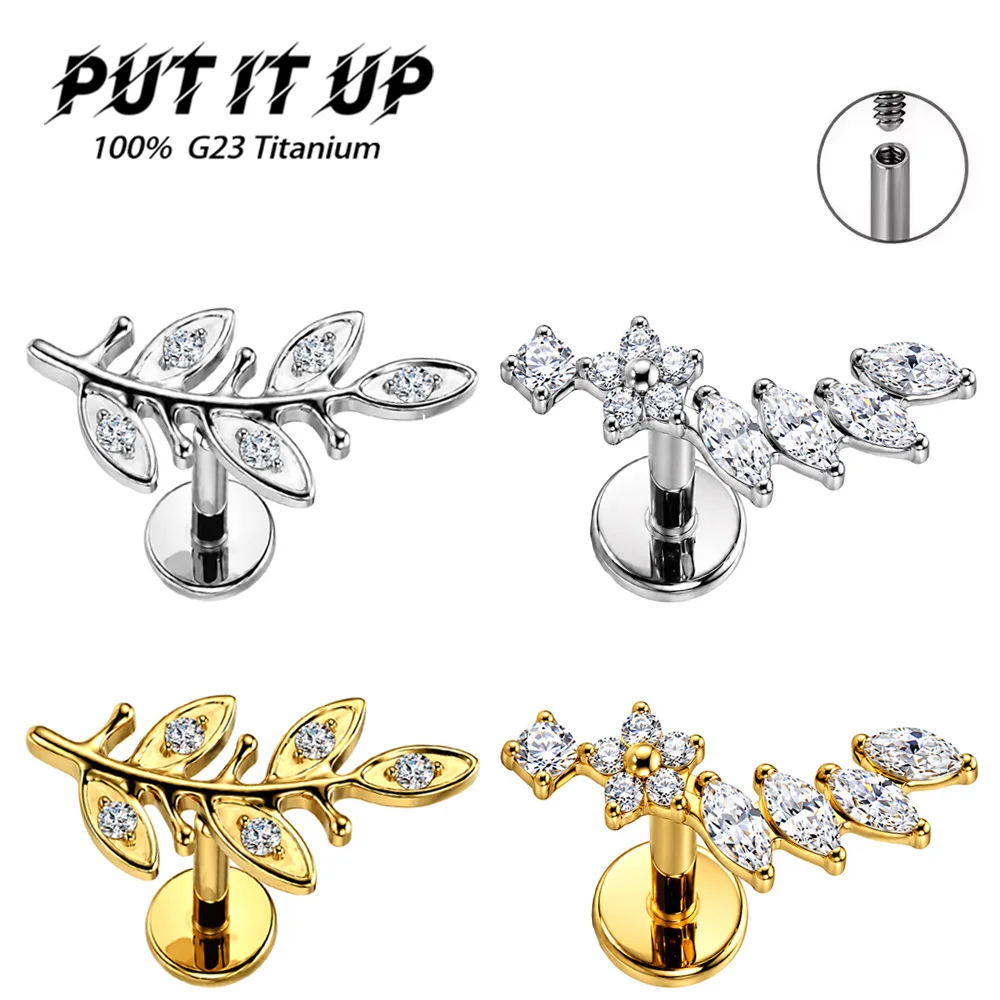 ASTM F136 Titanium Floral Vine Olive Branch CZ Flat Back Piercing Studs 16G 18G Hypoallergenic Ear Lip Body Jewelry