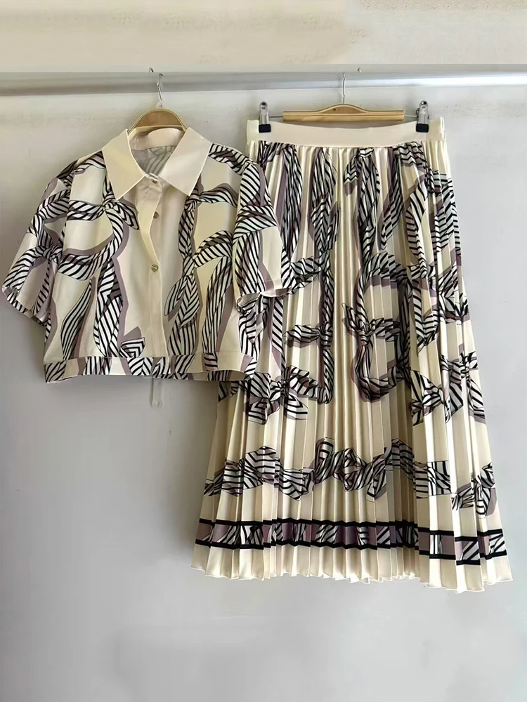 

2025 Summer Women's Retro Geometric Printed Collar Straight Short Shirt Two Piece Set+High Waist Loose pleated Skirt Fashion Set