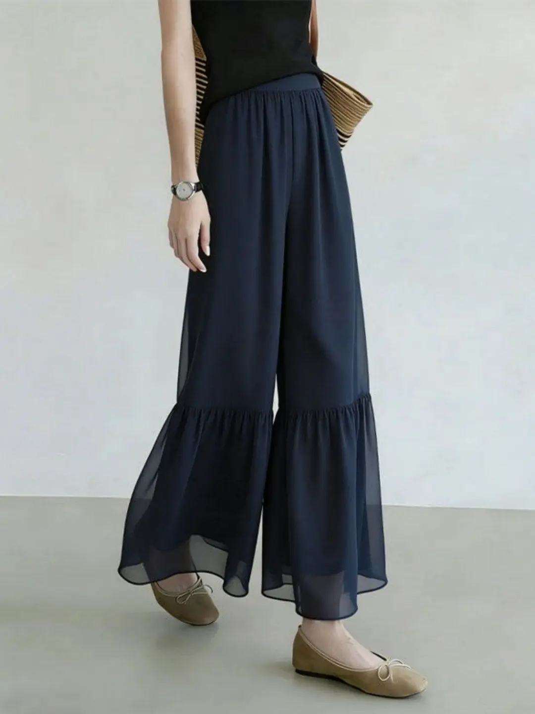 2026 Summer New Style Versatile Simple Daily Non-Contrast Lightweight Design Navy Blue Casual Wide Leg Pants for Women