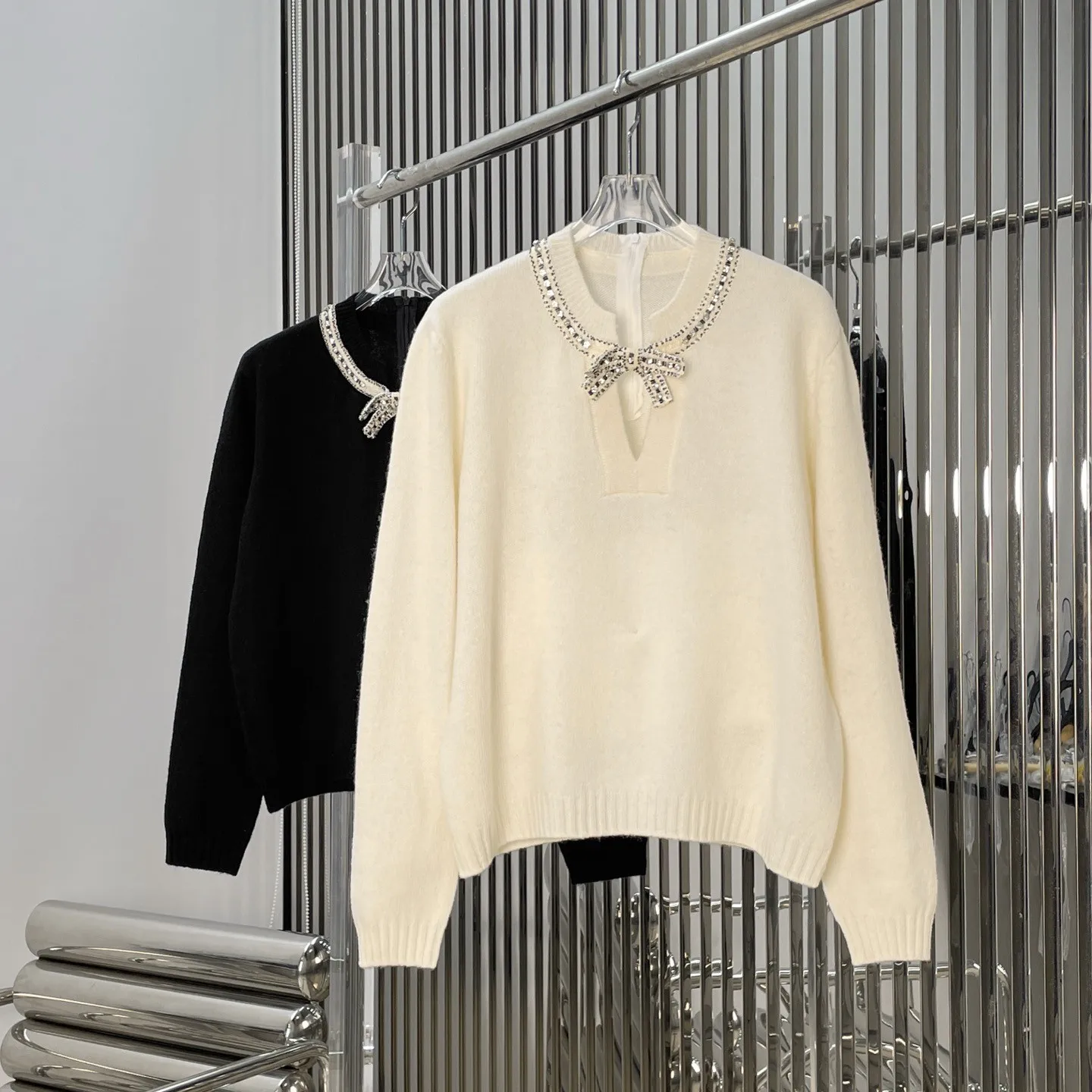2025 New 100% Wool Women's Knit Sweater | Rhinestone Bow & Beaded Collar (Cream/Black) Stylish Elegant Warm Top