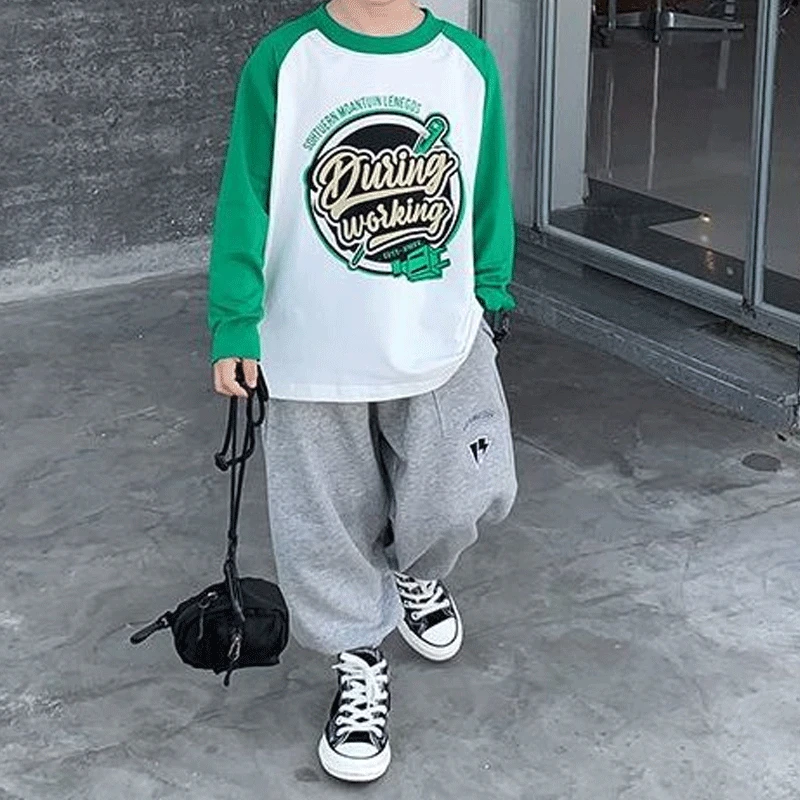 2023 Spring New Cotton Kids Clothing Fashion Casual Korean Version Long Sleeve Round Neck Cartoon Pattern Printed Loose T-shirt