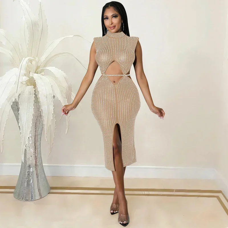GUWU 메쉬 시스루 컷아웃 허리 트임 미디 다이아몬드 드레스 여성용 섹시 파티 클럽 시크 핫 라인스톤 선드레스