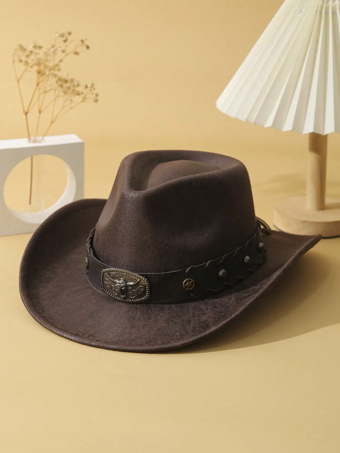 1pc Unisex Cattle Head & Belt Decor Handmade Panama Hat PU Wide Brim Cowgirl Hat Cowboy Hat Western Suitable Soft Felt Hat Fedora Hat