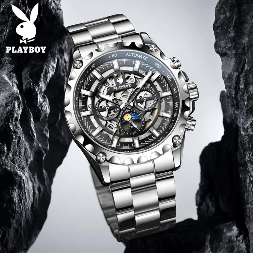 

PLAYBOY 3551 Men Original Mechanical Movement Watch Moon Phase Dial Night Light Function Date Display 30m Waterproof Watch