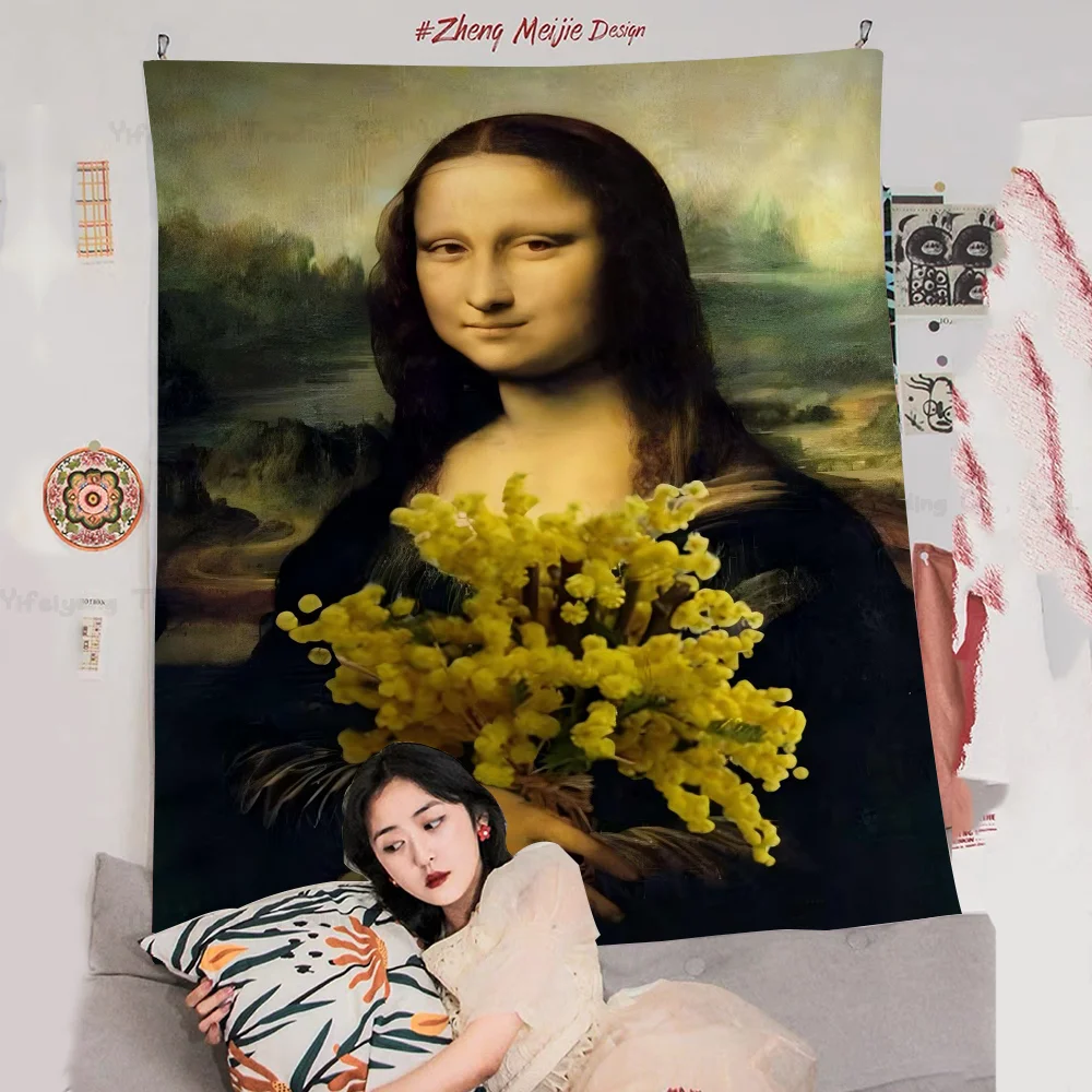 

Mona Lisa Funny DIY Wall Tapestry Hippie Flower Wall Carpets Dorm Decor Wall Art Decor