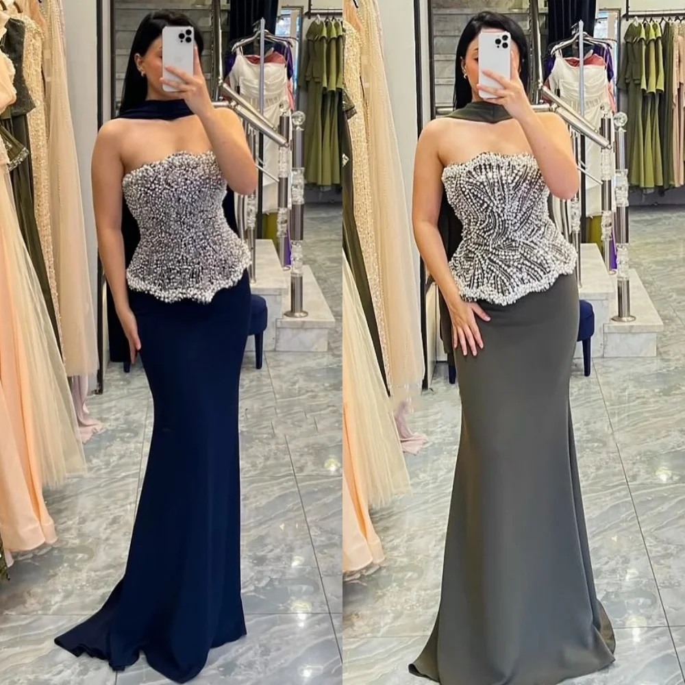 

Customized Jersey Beading Glitter Women Luxury Evening Strapless Mermaid Long Dresses Bespoke Occasion Exquisite Party