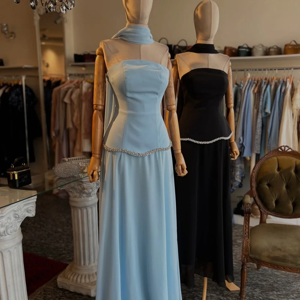 Bella personalizado azul brillo conjunto de dos piezas pañuelos largos de seda batas de velada vestidos de fiesta sin tirantes vestido de fiesta sin espalda 2025