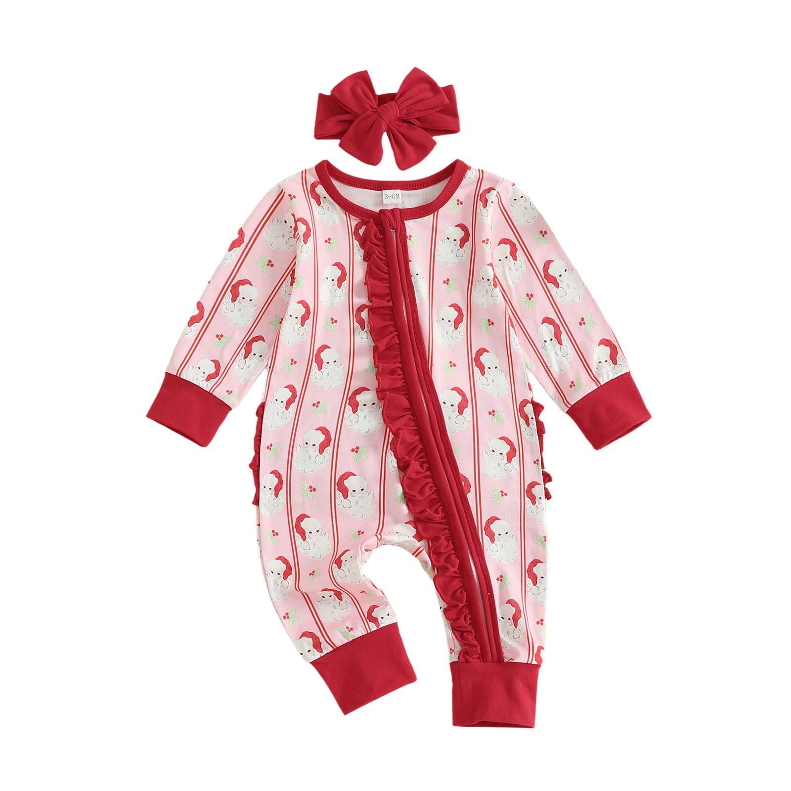 

Baby Girls Christmas Romper Santa Print Long Sleeve Round Neck Ruffled Zipper Jumpsuit