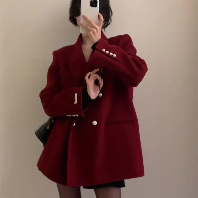 Red Suit Jacket Women's Christmas Fashion Shoulder Line Tailored Coat Long Sleeve Double Breasted Button Pure Color Design