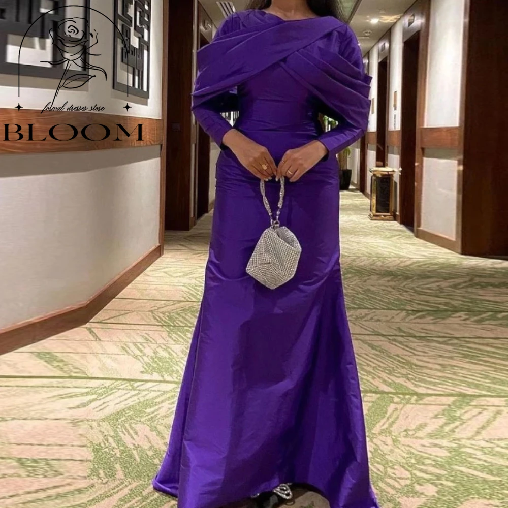 Bloom Purple Customized Taffeta Evening Dresses Long Sleeves Cross Ruched Arabia Elegant Formal Wedding Party Dresses For Prom