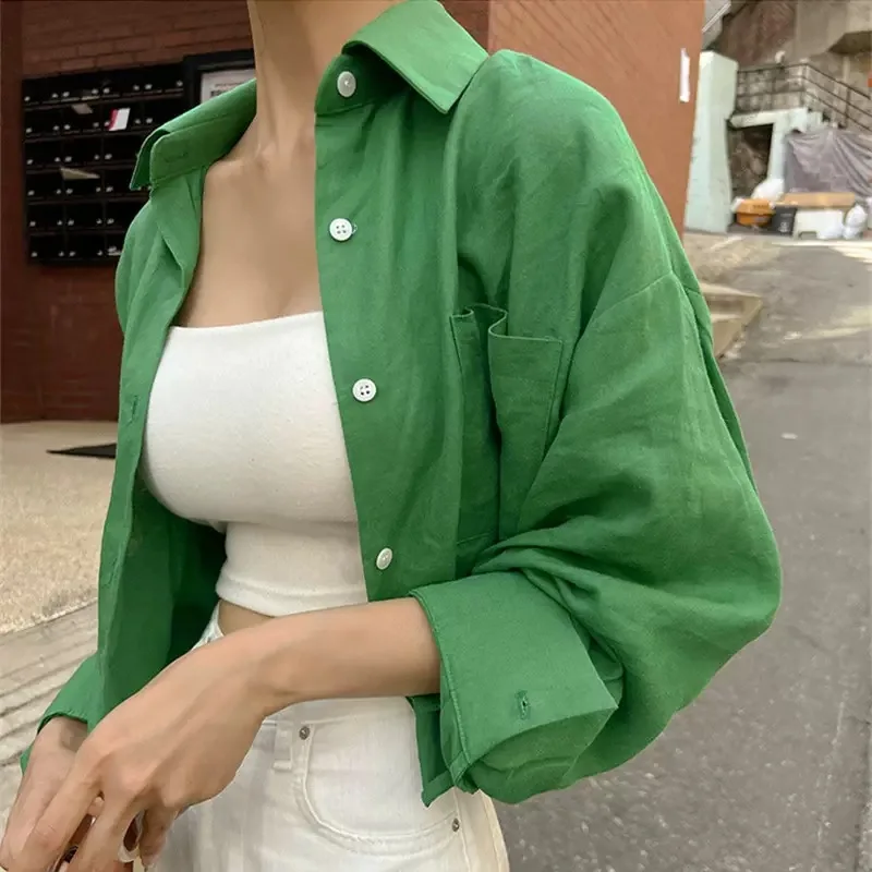 

Johnature Summer New Cropped Green Sunscreen Shirt Women Thin 2024 Summer Loose Casual Long-sleeved Blouses Tops