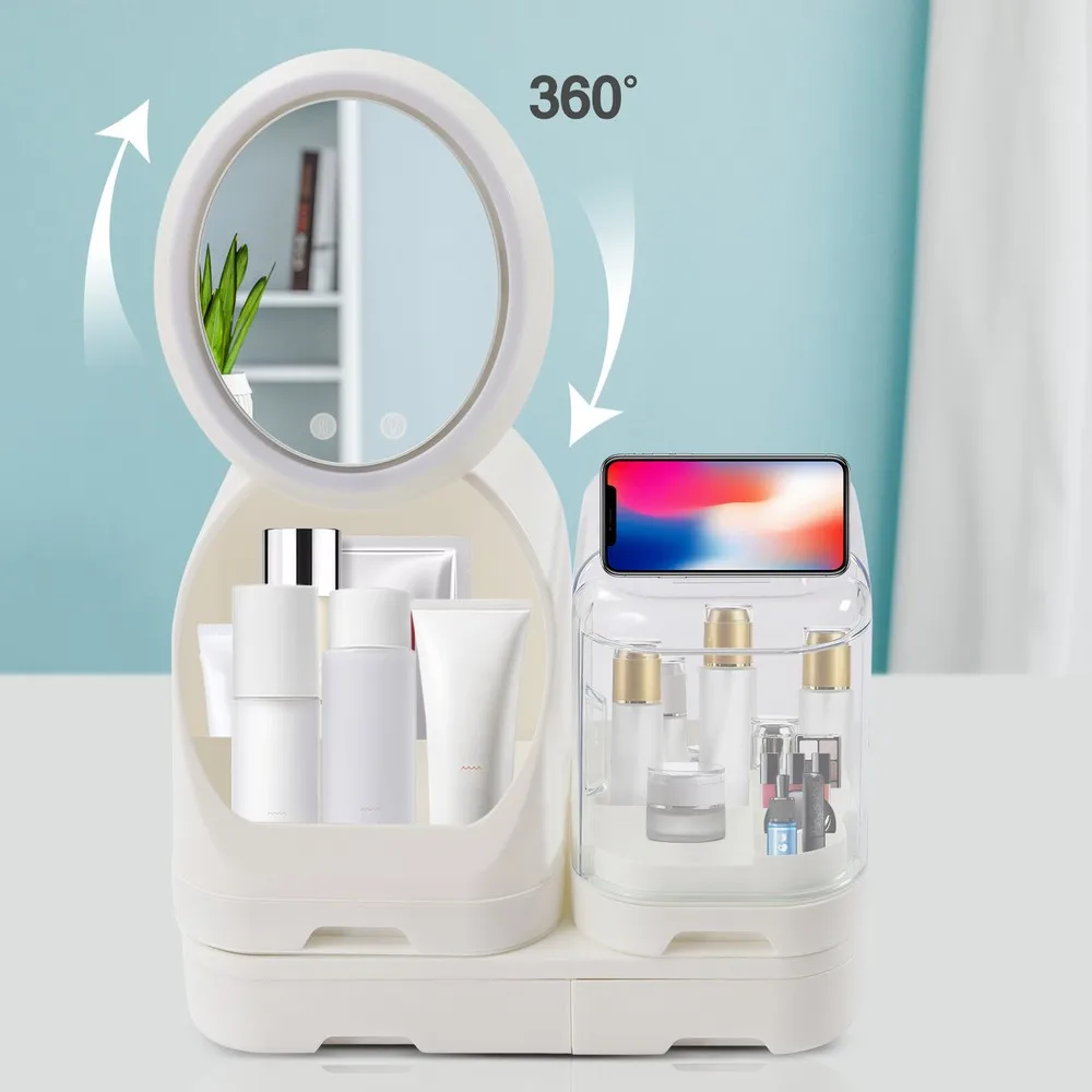 

Makeup Storage Box Cosmetic Organizer Jewelry Drawer Storage With LED HD Mirror
