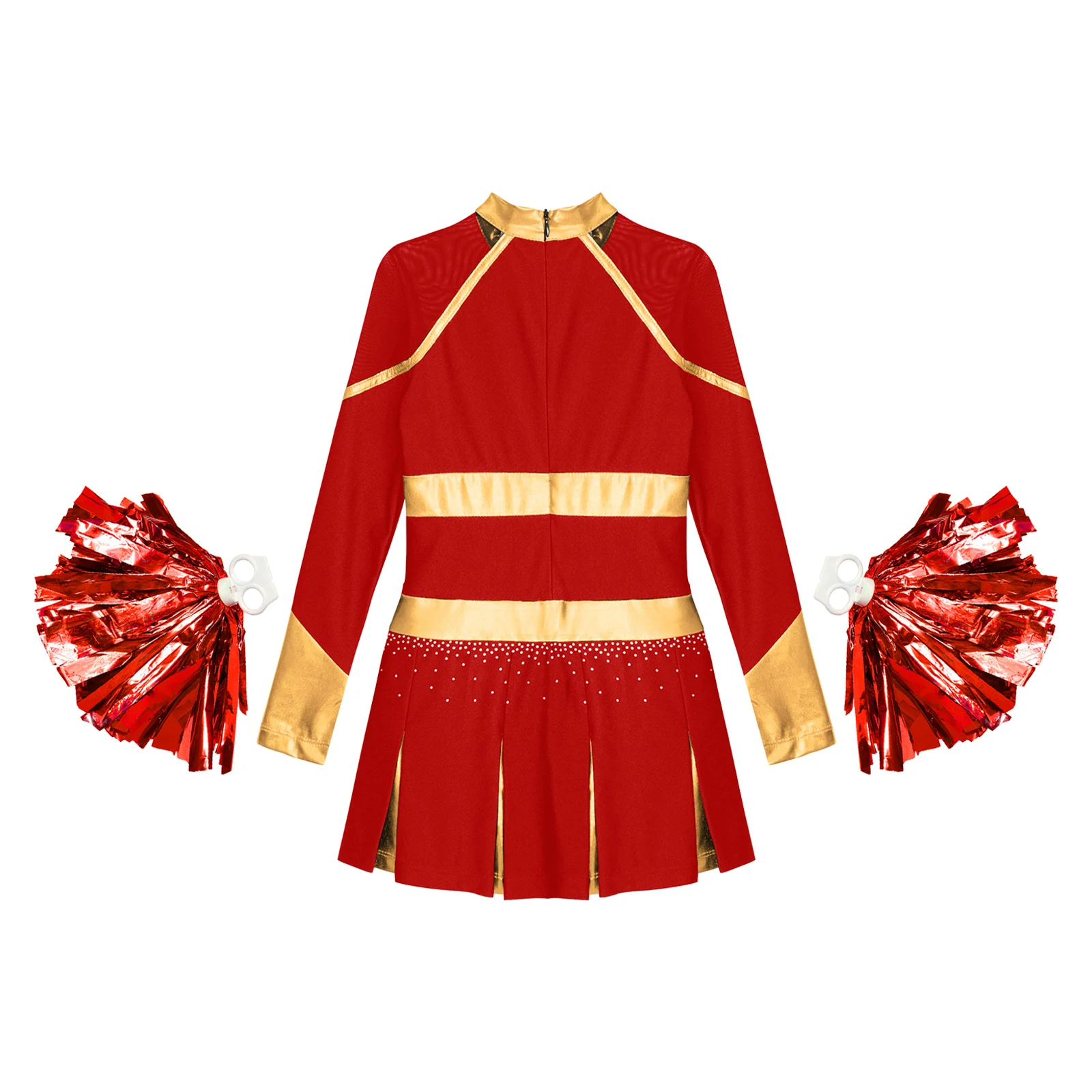 Kinder Mädchen Cheerleading Uniform Cheerleader Tanzkostüm Glitzernde Strasssteine Metallic Plissee Kleid mit 2 Stück Handblumen – Detail 18