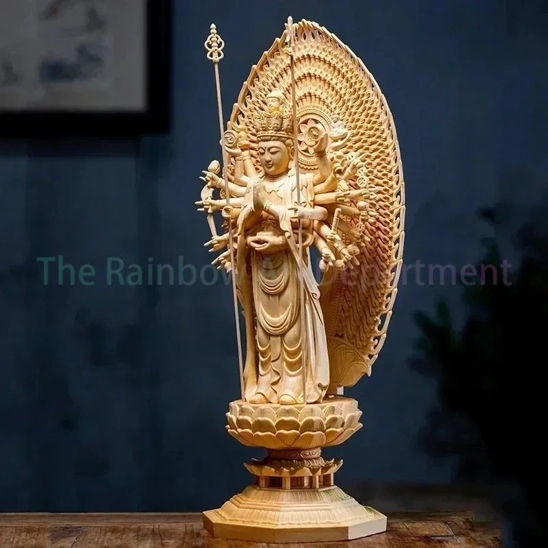 Chinese Large Solid Wood Thousand-Hand Guanyin High Carved Buddha Statue Sculpture Statue Home Decor