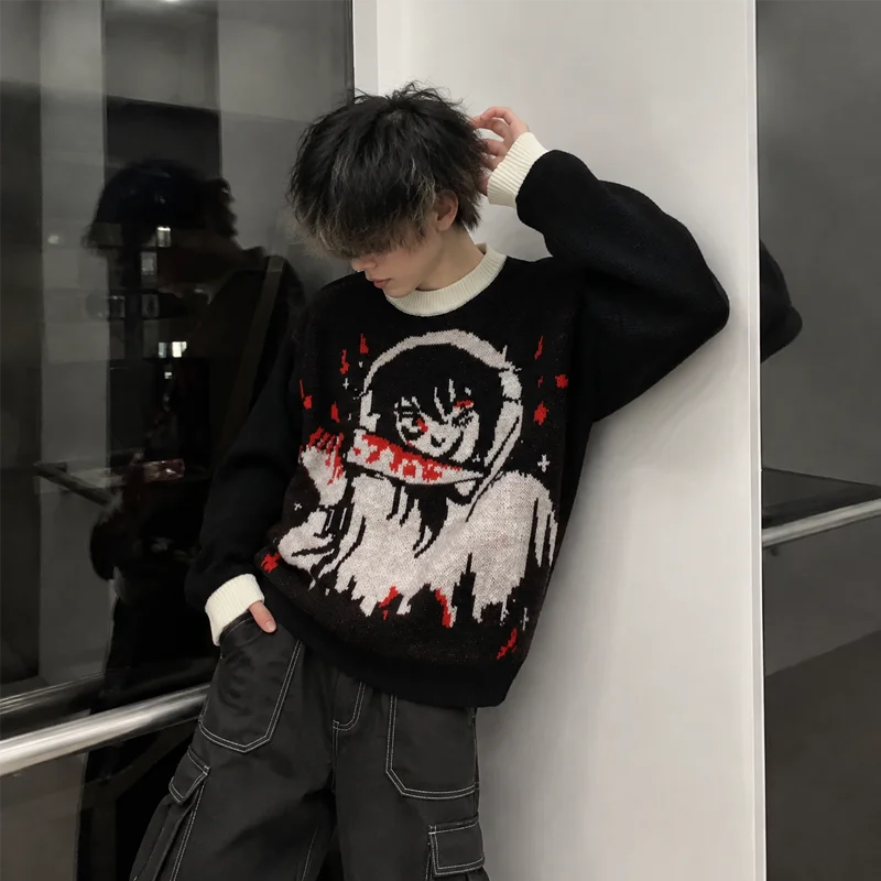 Autumn Winter Men Y2K Grunge Daily Street Outfit Oversized Anime Graphic Knit Pullover Contrast Trim Long Sleeve Sweater