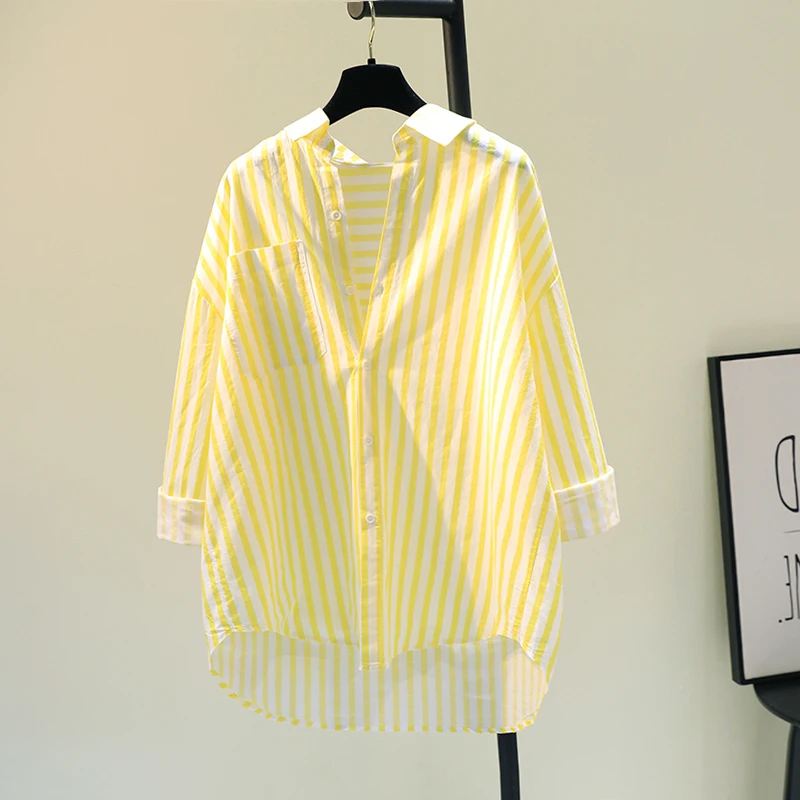 

Свободная повседневная летняя рубашка из хлопка и льна в полоску для женщин, тонкая верхняя одежда, защита от солнца, брендовая, на пуговицах, с воротником-стойкой