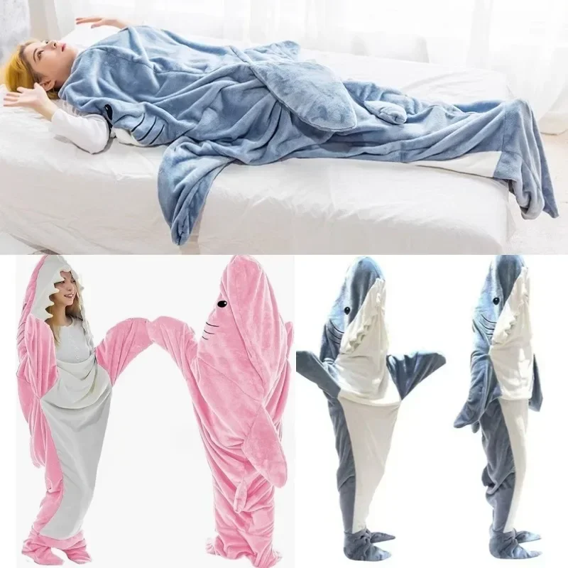 Thickened Warm Adult Rompers Cartoon Shark Sleeping Bag Animal One-Piece Pajamas Flannel Loungewear Kids One-Piece Sleepwear