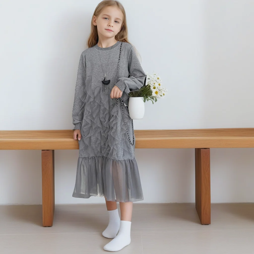 

Осеннее платье-свитшот для девочек, сетчатый лоскутный пуловер с длинными рукавами, многослойные повседневные платья, серая универсальная детская одежда для подростков