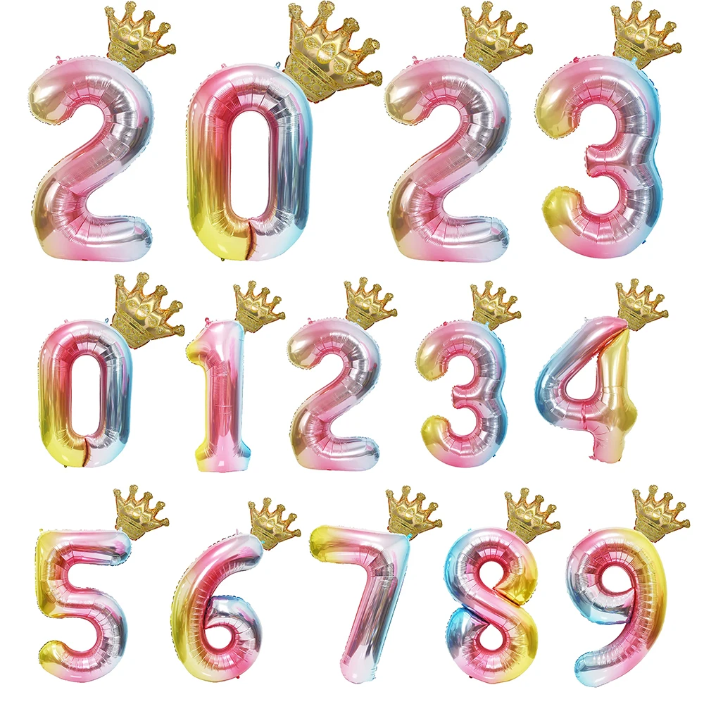 1Pcs 40inch Rainbow Number Big Foil Balloons Digital Detachable Crown Balloon Birthday Party Decor Baby Shower 0-9 Ballon Globos