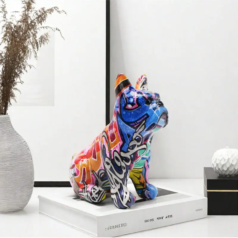 Graffiti Resin French Bulldog Statue Sculpture Colored Animal Dog Art Figurine Decoration for Living Room Home Table Ornaments