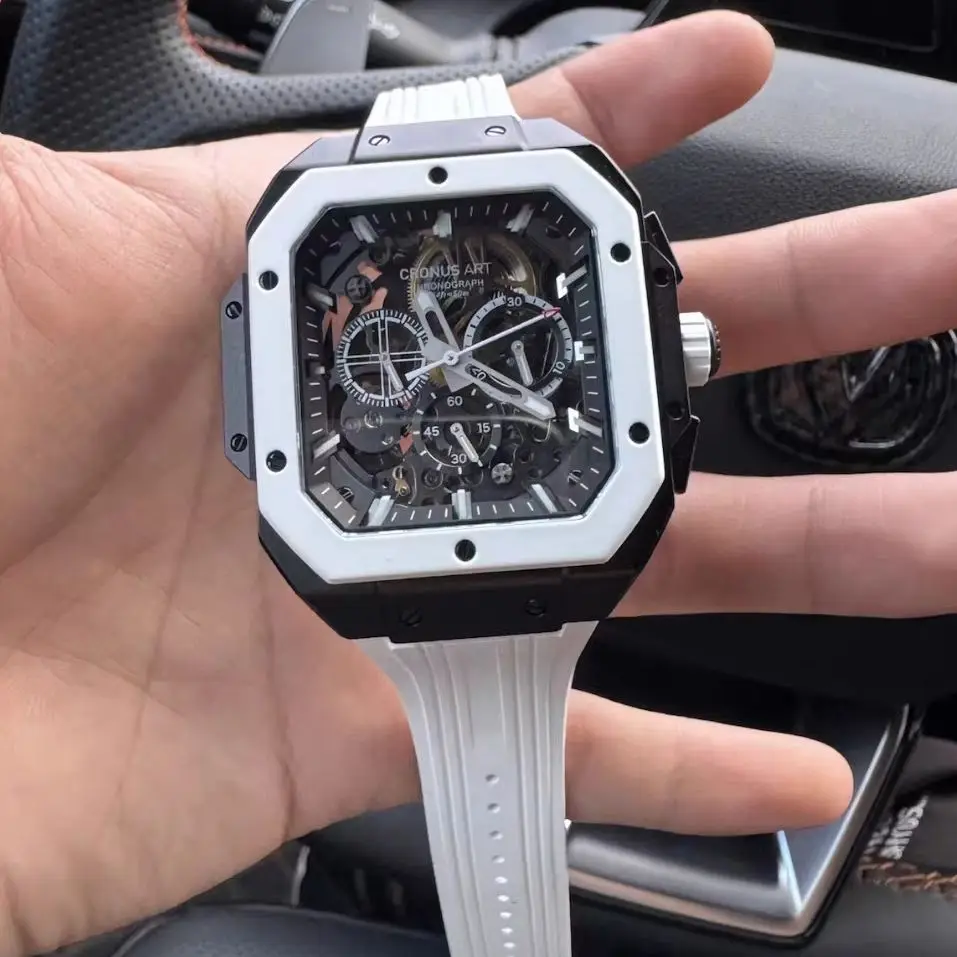 CRONUSART Men Chronograph Watch 45mm Square Automatic Mechanical Wristwatch Luminous Skeleton Dial Fluororubber Strap Sapphire