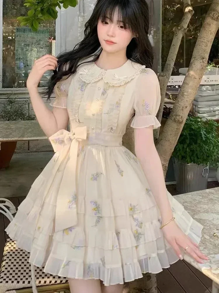 

Printed Sweet Women Dress Cute Bow Peter Pan Collar Elegant Mini Dress Summer Korean Casual Lace Up Female Fashion Vestidos New
