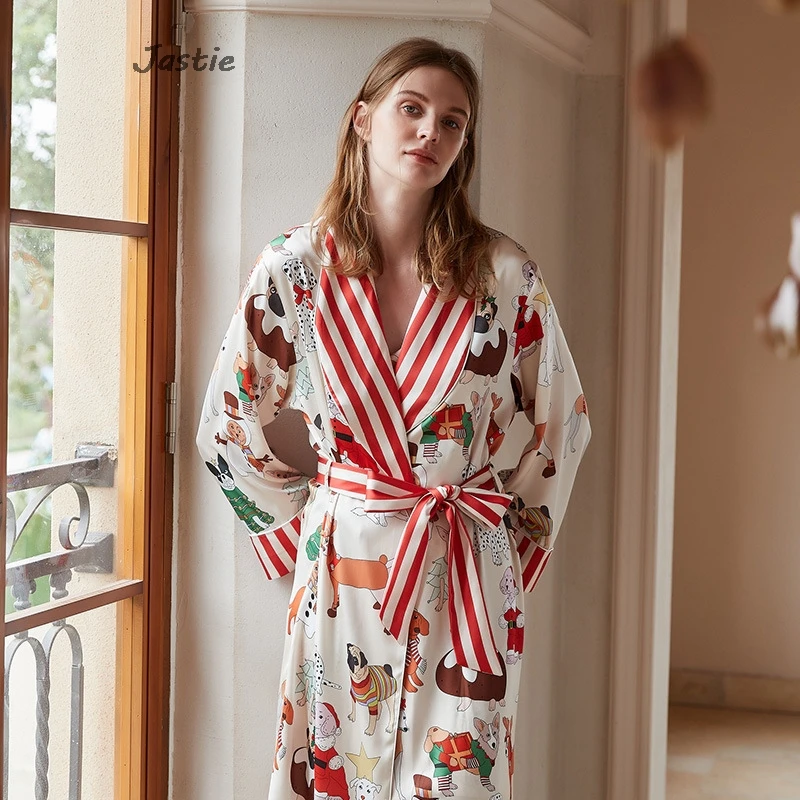 【Christmas】Thin Print Women's Pajamas Loose Long Sleeve Robe Summer Casual Short Slip Dress 2024 New Big Size Sleepwear Woman