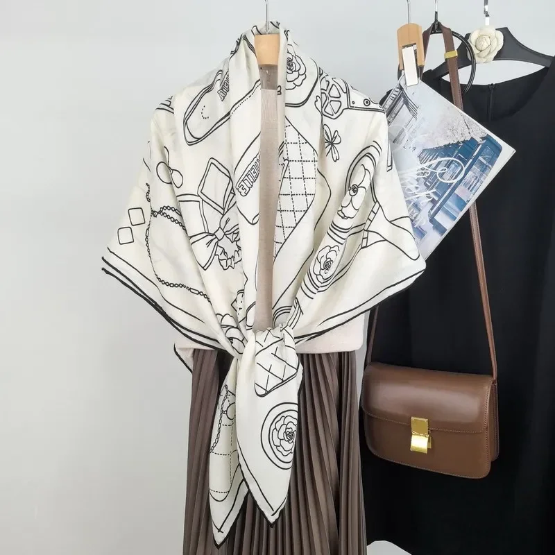 High-end Elegant Women Exquisite Ornate Accessories Double-sided Print Quality Silk Wool Hand-rolled Edge Big Square Scarf Shawl