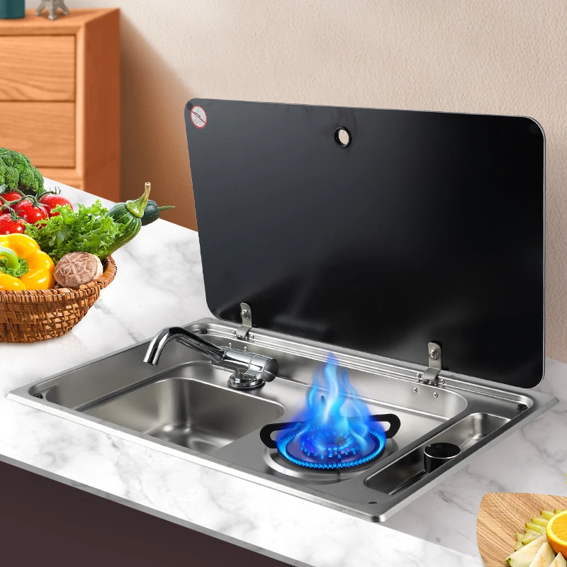 

Integrated Stainless Steel One-Burner Gas Stove And Sink With Faucet For RV Trailer And Yacht Kitchens