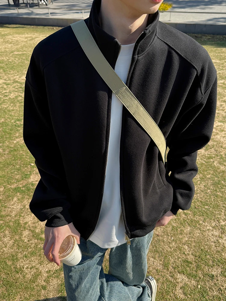 

American Style Heavyweight Black Stand Collar Sweatshirt Cardigan Men's Spring Autumn Cleanfit Jacket No Cap Coat Casual Wear