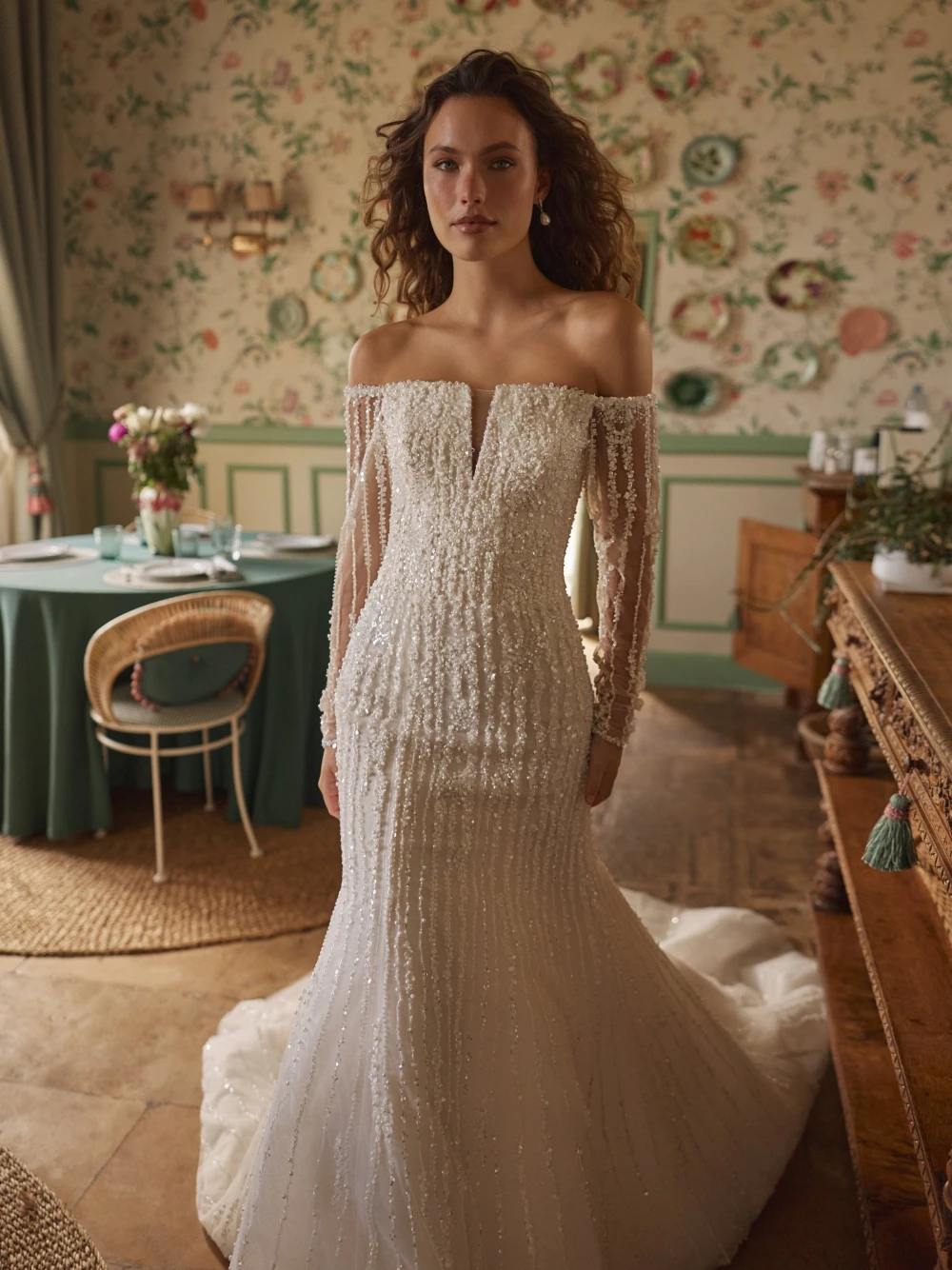 Luxury Sparkly Beaded Mermaid Wedding Dress Stunning Off Shoulder Mermaid Sheer Tulle Bridal Gown Customized For Destination