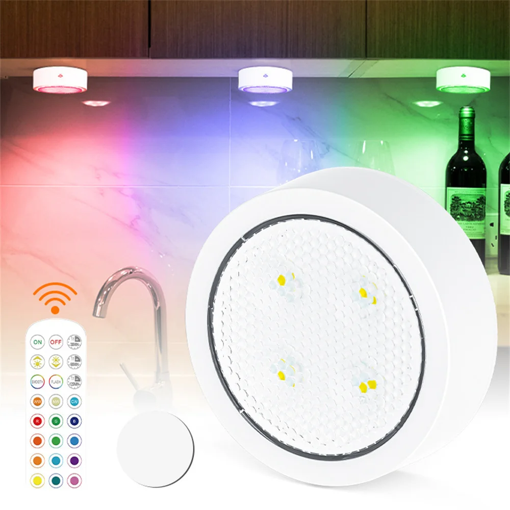 

Wireless 86MM RGB 13 Colors Led Puck Light Battery Operated With Remote Controller Dimmable Under Cabinet Lamp for Bedroom