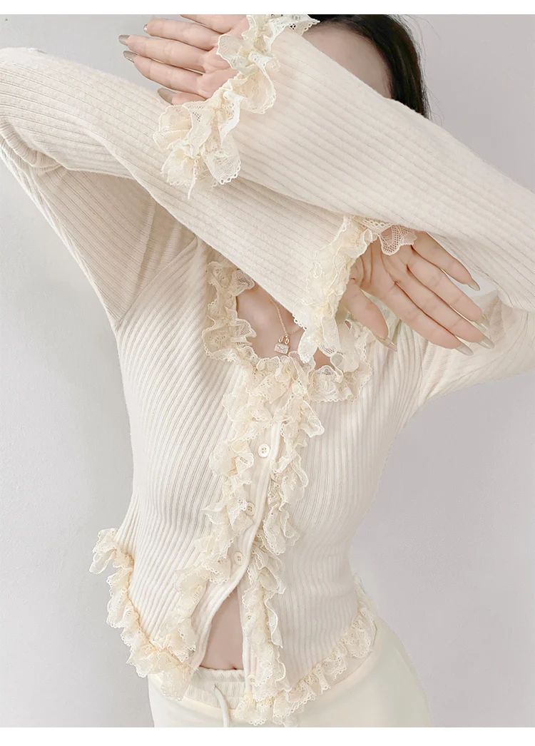 2026 Quadratischer Kragen Spitzenbesatz Langarm-Strickpullover Damen Retro Kurzer Stil Schlanke Oberteile Einreihige Strickjacke – Detail 8