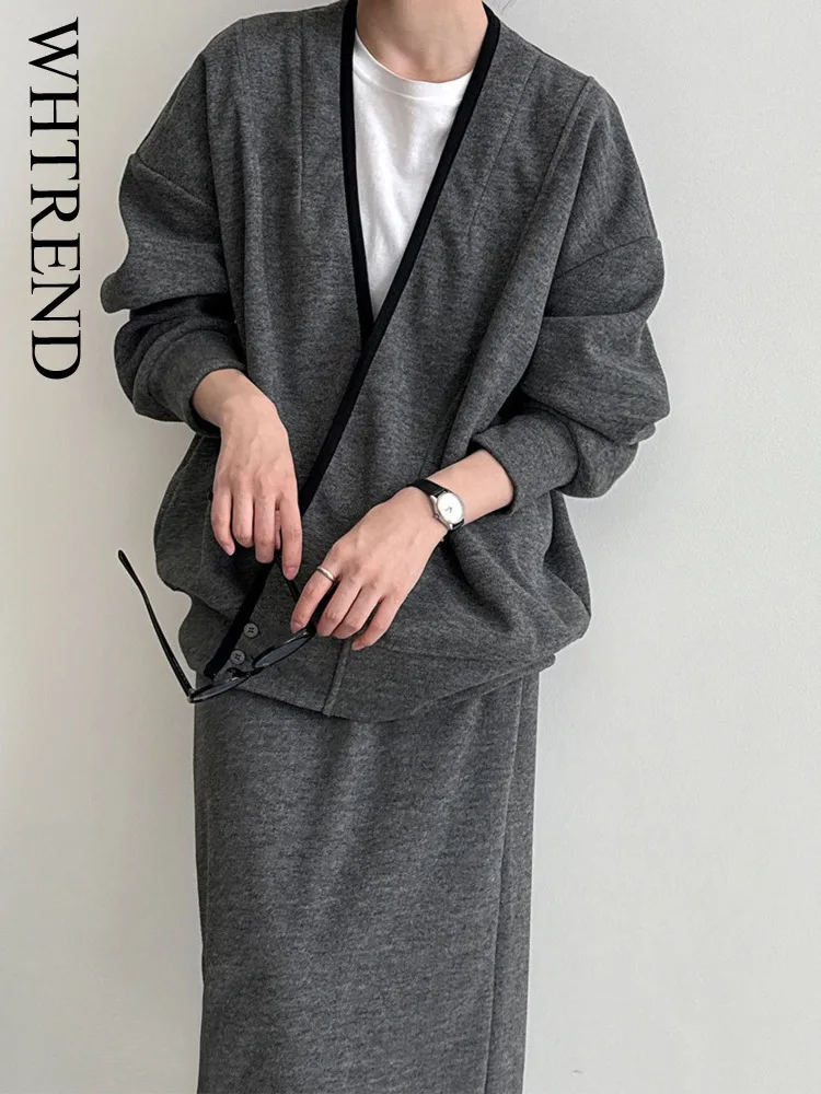 

WHTREND мягкий шерстяной топ с диагональной планкой в стиле пэчворк + юбка с высокой талией, комплект из двух предметов для женщин, осенне-зимний наряд WH1600